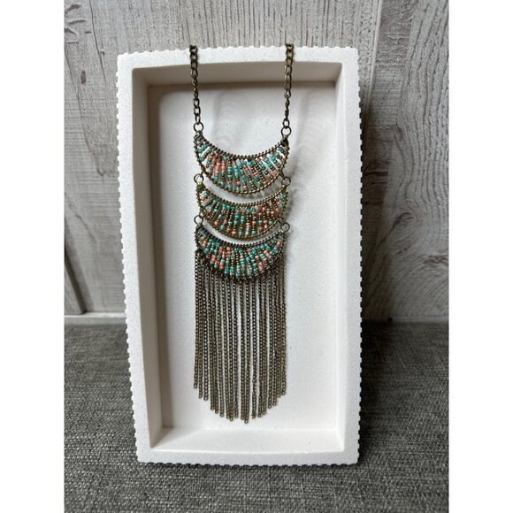 Jewelry - Boho Chic Beaded Fringe Necklace w/ Bronze Chain & Colorful Beads Womens Fashion